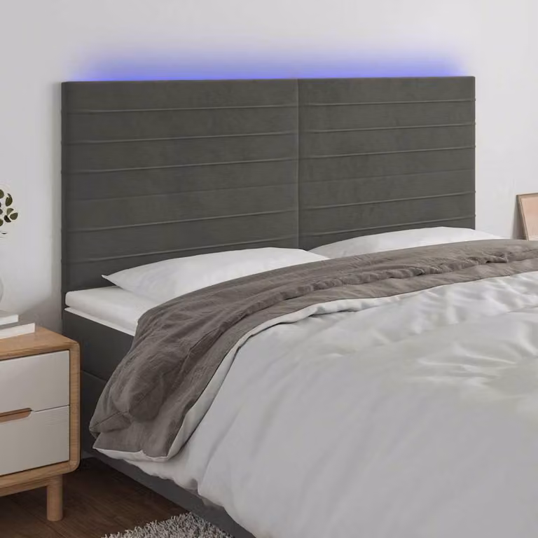 Testiera per letto vidaXL in velluto grigio con illuminazione LED e porta di ricarica USB, L 160 cm, H 118/128 cm, P 5 cm