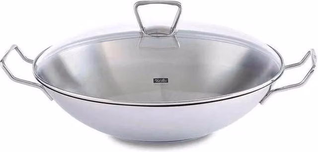 Wok Fissler Kunming in acciaio inox con coperchio in vetro, diametro: 36 cm, capacità: 6.4 l, colore argento