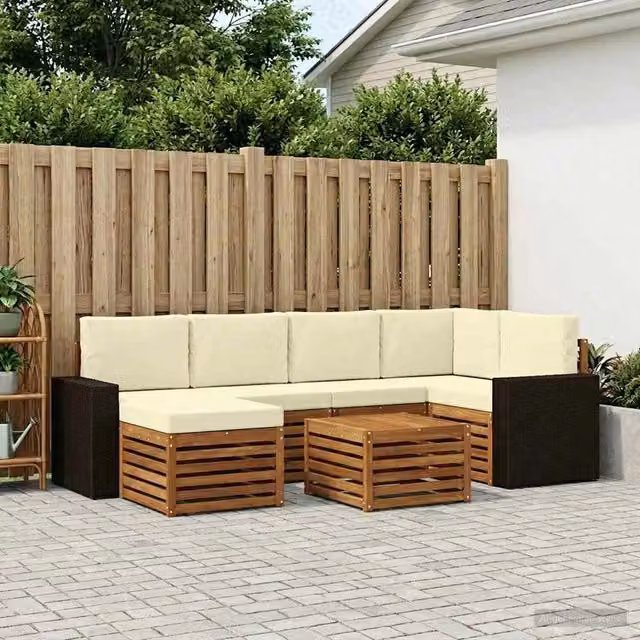 Set di divani da esterno a L vidaXL in legno di acacia con 7 pezzi, colore beige e bianco, comprensivo di cuscini e tavolino da giardino – 1