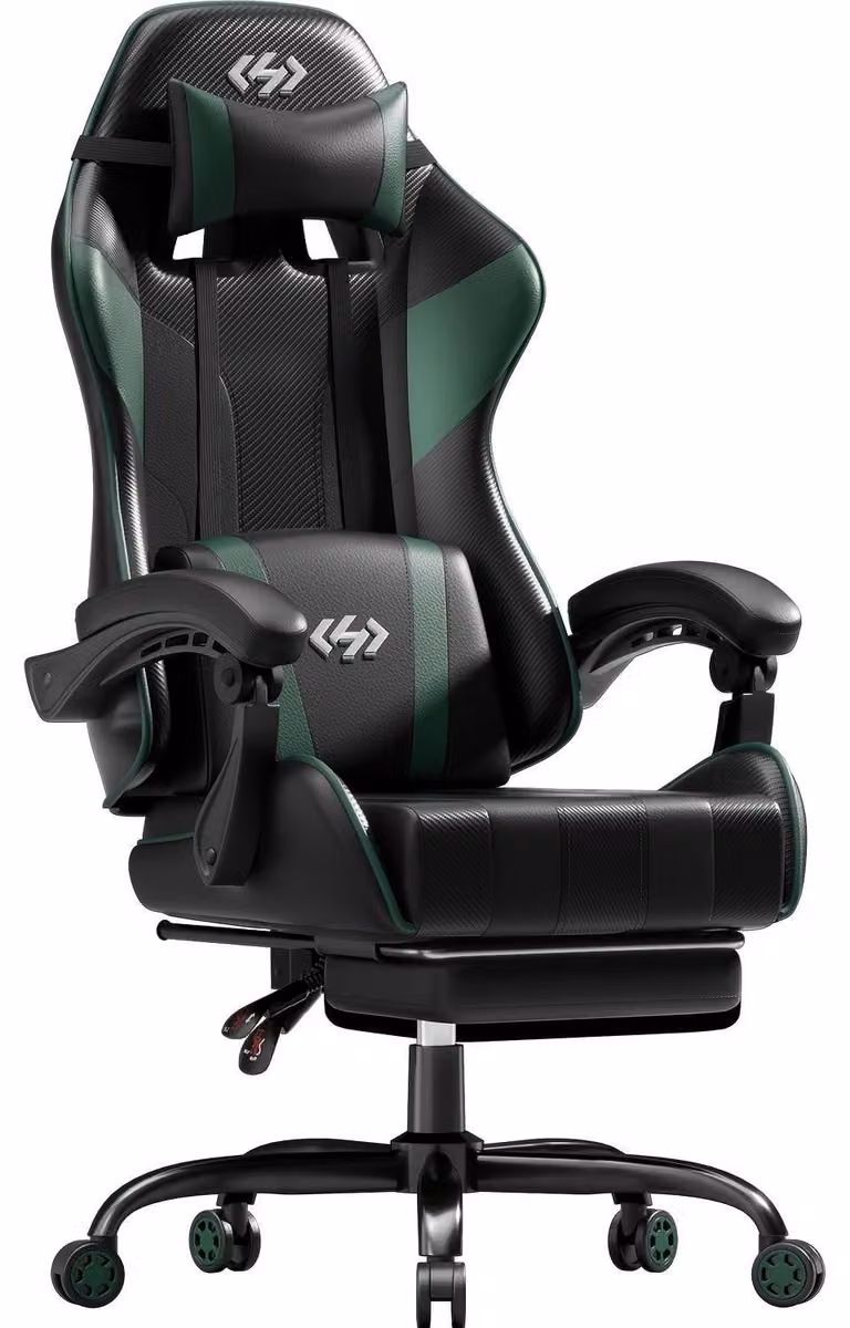 Sedia da gaming ergonomica, nera e verde, con molle insacchettate e poggiapiedi