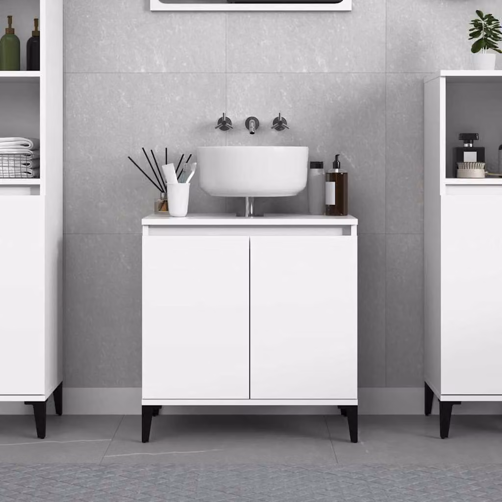 Mobile Lavabo Moderno vidaXL Bianco con Ante a Battente in Legno e Metallo L: 58 cm, P: 33 cm, H: 60 cm