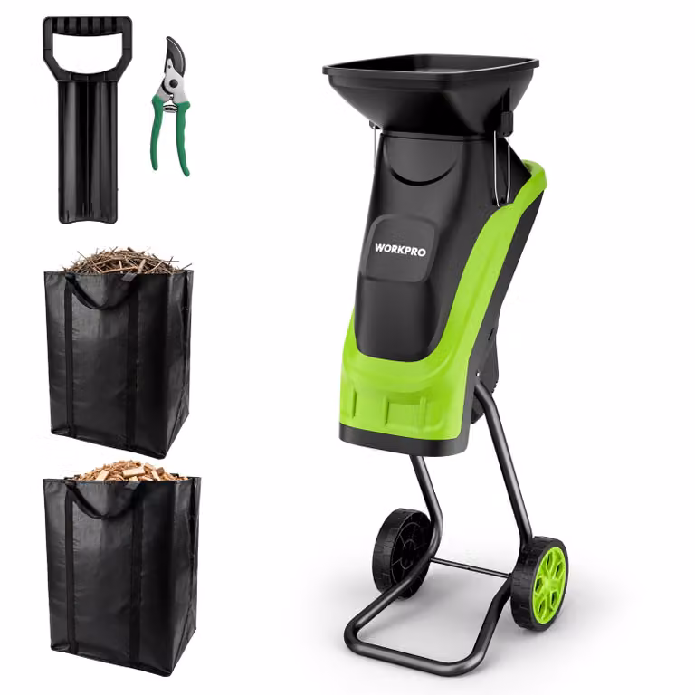 WORKPRO Trituratore elettrico da giardino con forbici da potatura, trituratore a lame da 2500 W con diametro di taglio di 44 mm, 4300 giri/min, 2 sacchi di raccolta da 45 L, trituratore per legno