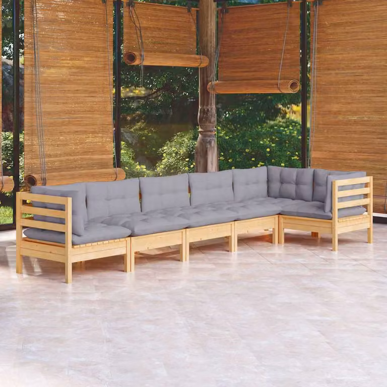vidaXL Set Divani da Giardino 6 pz a Forma a L in Legno di Pino con Cuscini Grigi
