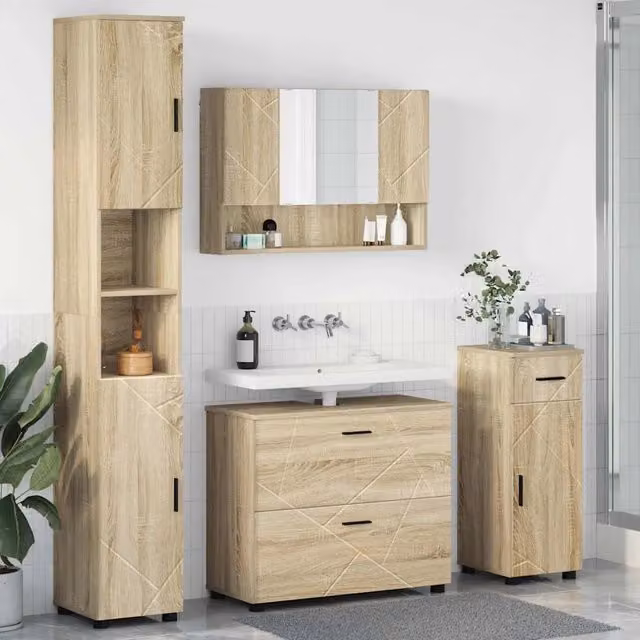 Set di mobili per il bagno vidaXL 4 pezzi in legno e metallo, colore marrone e beige, con illuminazione LED e montaggio a parete, L/P/H: 35 x 30 x 192 cm – 1