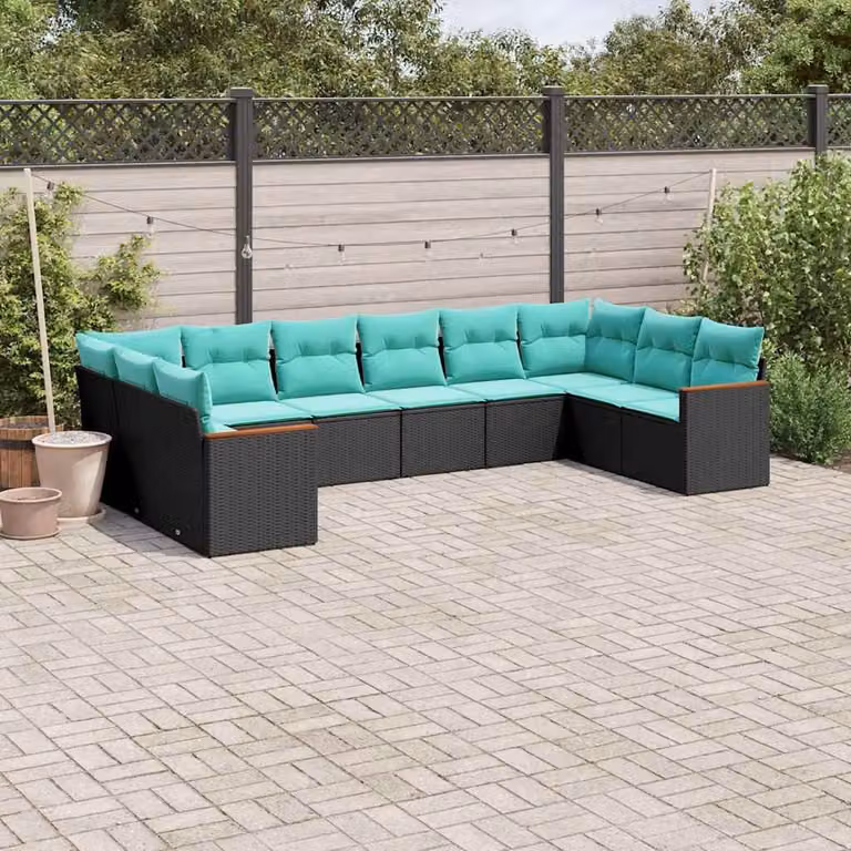 Set di divani da giardino vidaXL in polyrattan nero con cuscini e struttura in acciaio, composizione a forma di U per esterno