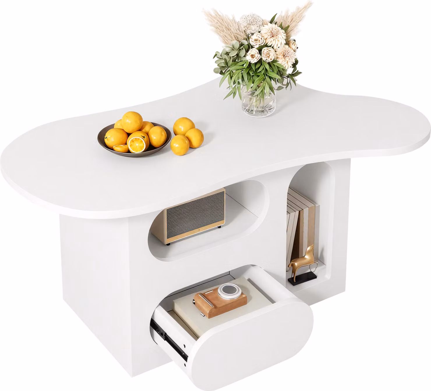 Tavolino Fortuna Lai con cassetti, tavolino a forma di nuvola con ripiani aperti, materiali di alta qualità. 97*45*43,5 cm