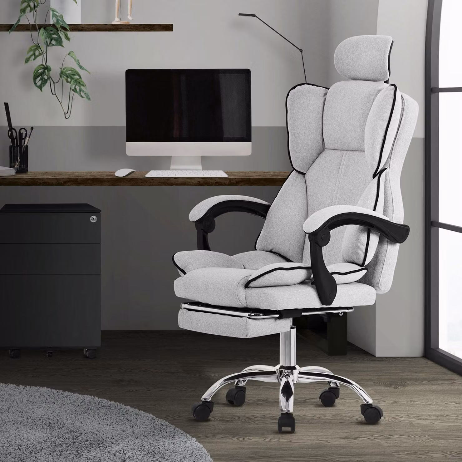 ML-Design sedia da ufficio ergonomica grigio chiaro, sedia da gioco con schienale alto, sedia girevole con poggiapiedi, cuscino e poggiatesta