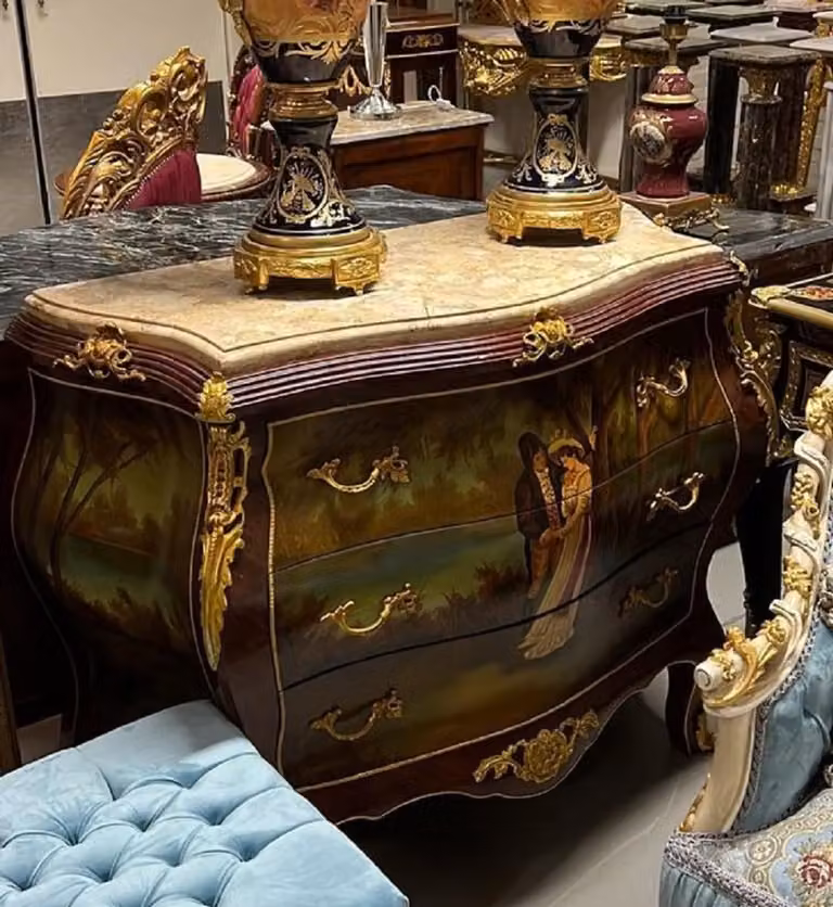 Casa Padrino Cassettiera barocca marrone / oro / multicolore / crema - Cassettiera fatta a mano con 3 cassetti e piano in marmo - Mobili barocchi