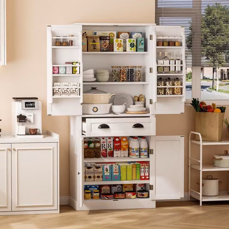 Armadio 182 cm, bianco, con 4 ante e 1 cassetto, dotato di ripiani