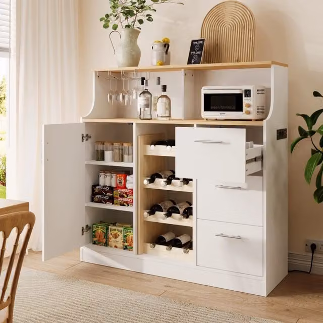 Credenza e madia moderna OKWISH bianca con illuminazione LED e presa elettrica per cucina e sala da pranzo L/P/H: 120 x 40 x 121 cm