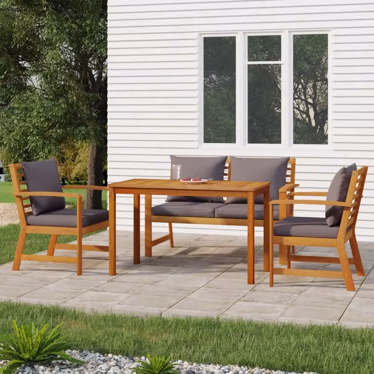 Set da pranzo da giardino vidaXL in legno di acacia con 4 cuscini, colore marrone e grigio, L/P/H: 110 x 60,5 x 81 cm