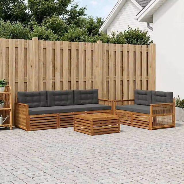 Set di divani da esterno vidaXL a forma di U composto da 7 pezzi con tavolino da caffè, in legno di acacia e tessuto beige e antracite – 1