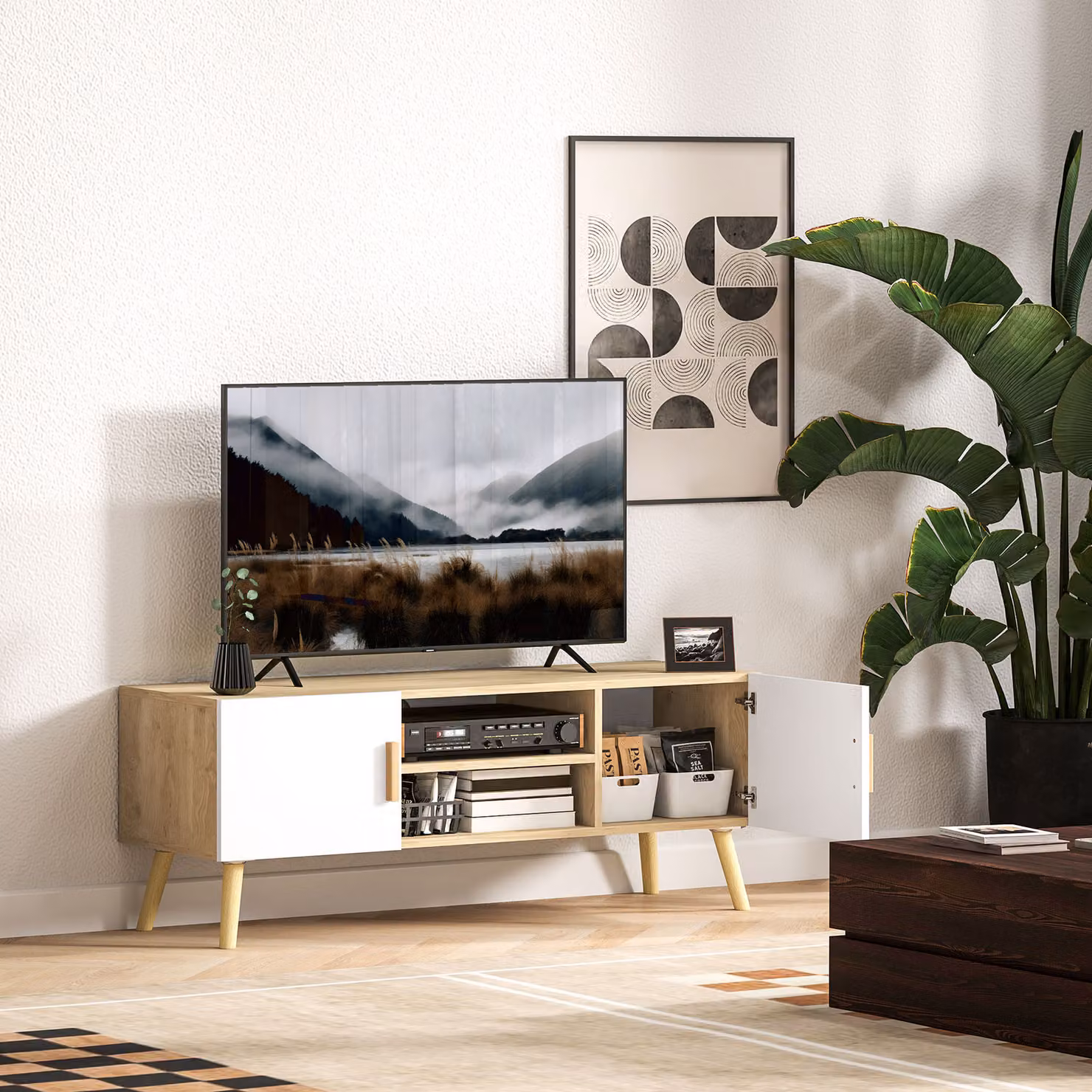Mobile TV HOMCOM in legno rovere per schermi fino a 50 pollici con ripiani, 2 armadi e passacavi – 2