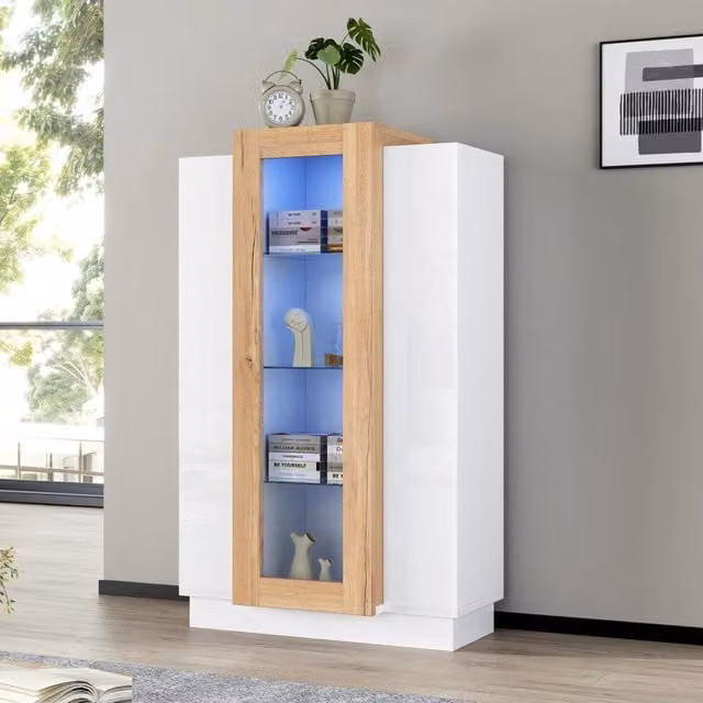 Vetrina soggiorno 74x40x120 cm con 3 porte in acrilico trasparente, LED controllabile via app, ripiani in vetro, finitura bianco e legno