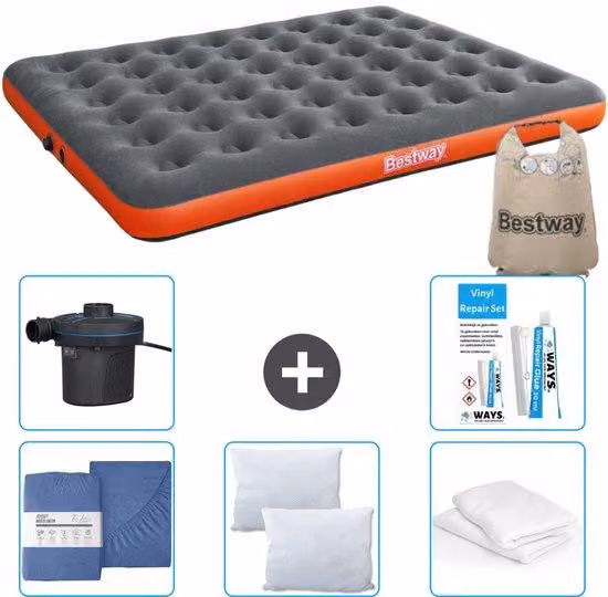 Materasso gonfiabile per due persone - 152 x 203 x 22 cm - Grigio/Arancione - con biancheria da letto - Cuscini - Copricuscini - Pompa e kit di riparazione