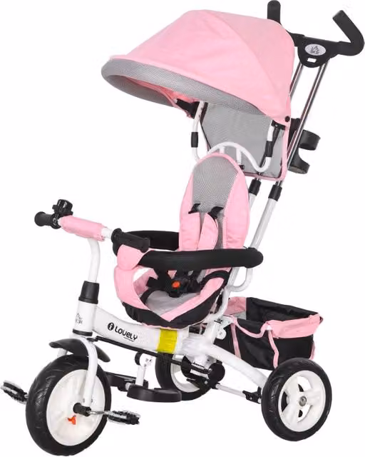 Triciclo Bambini 6-in-1 con Maniglia Spinta, Tetto, Cintura, Cesto Portaoggetti, per 1-5 Anni, Rosa