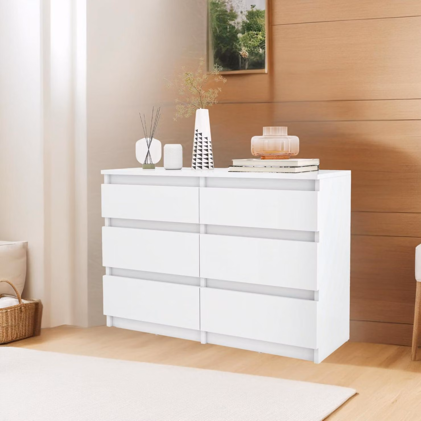 Comodino con 6 cassetti, mobiletto da camera da letto, dimensioni 100x30x70 cm, colore bianco, materiale: legno, con guide scorrevoli
