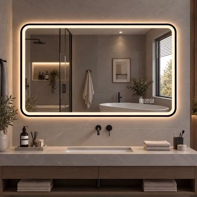 Specchio da bagno a LED 60x100 cm; cornice in alluminio nero; luce frontale e retroilluminazione; antiappannamento; 3 colori dimmerabili