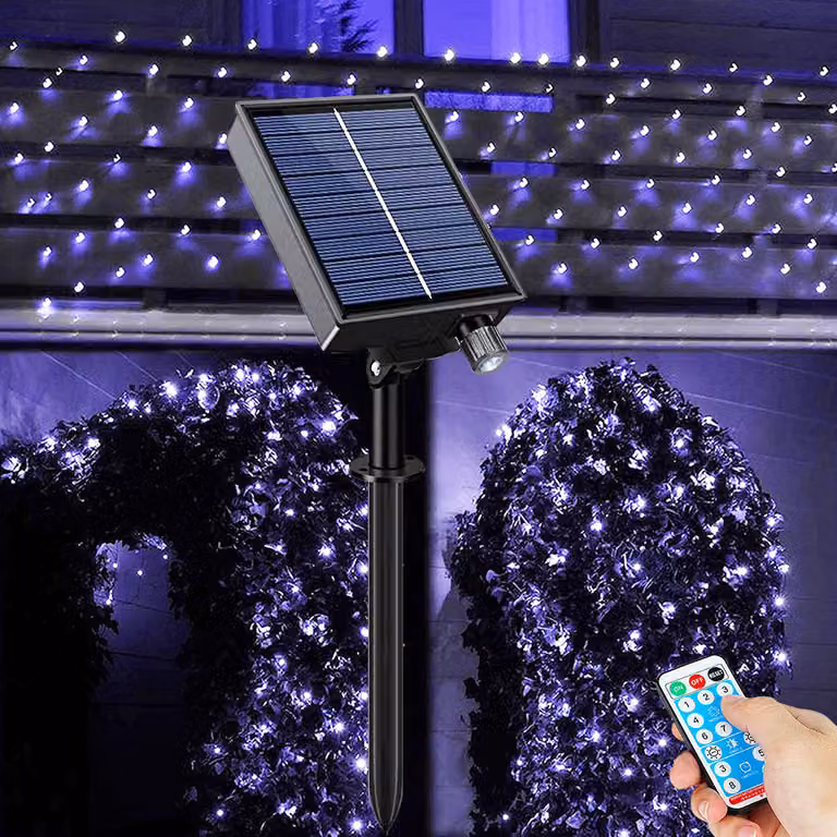 1.5x1.5M Solar Fairy Lights Mains Outdoor Dimmable Waterproof, Solar LED Mains 100 Leds 8 Modes Timer, Deco IP65 Per Giardino Balcone Albero, Bianco Freddo