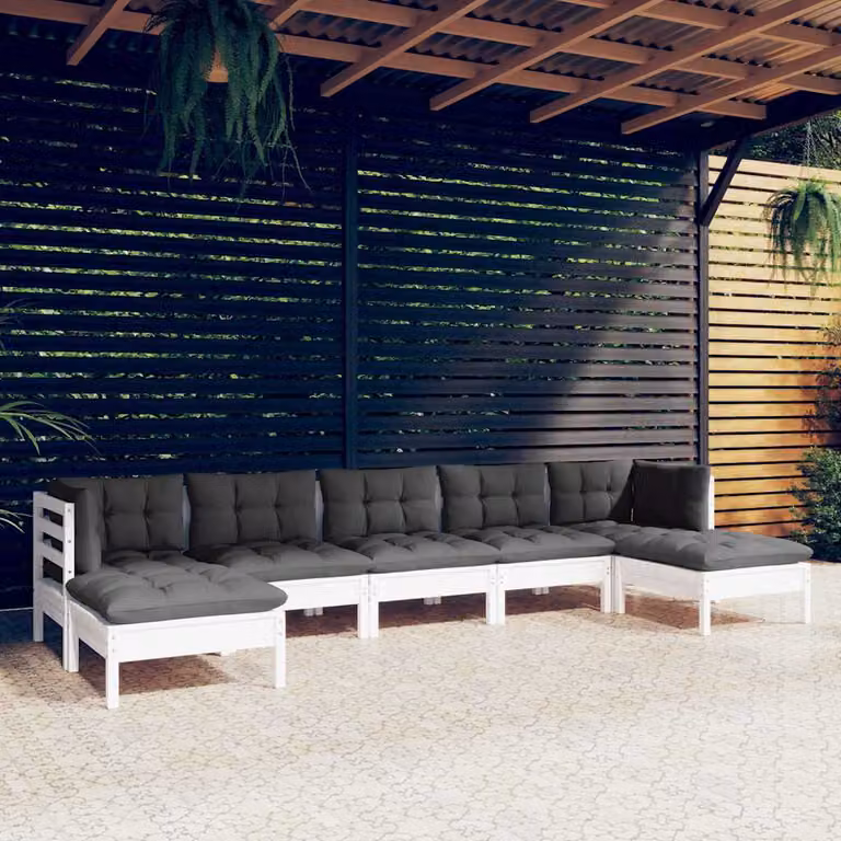 Set di divani da giardino vidaXL in legno di pino con 7 pezzi e cuscini bianchi con configurazione a L