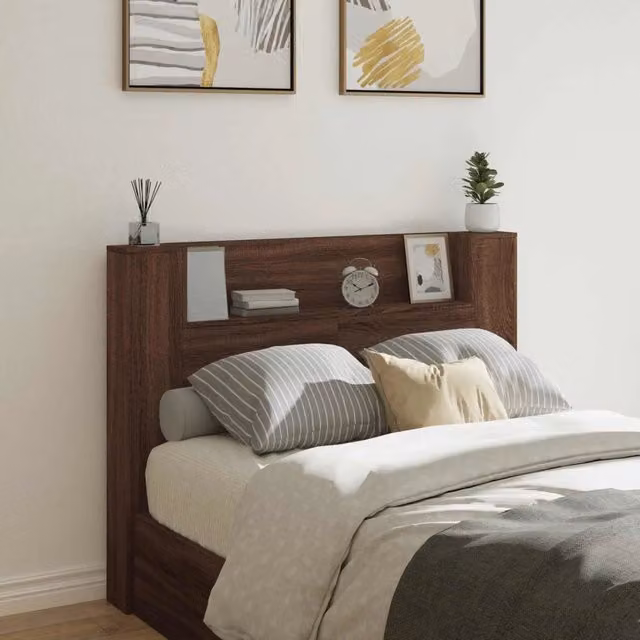 Testiera decorativa moderna vidaXL in legno rovere marrone con illuminazione integrata e mensola, L 140 x P 16,5 x H 103,5 cm – 1