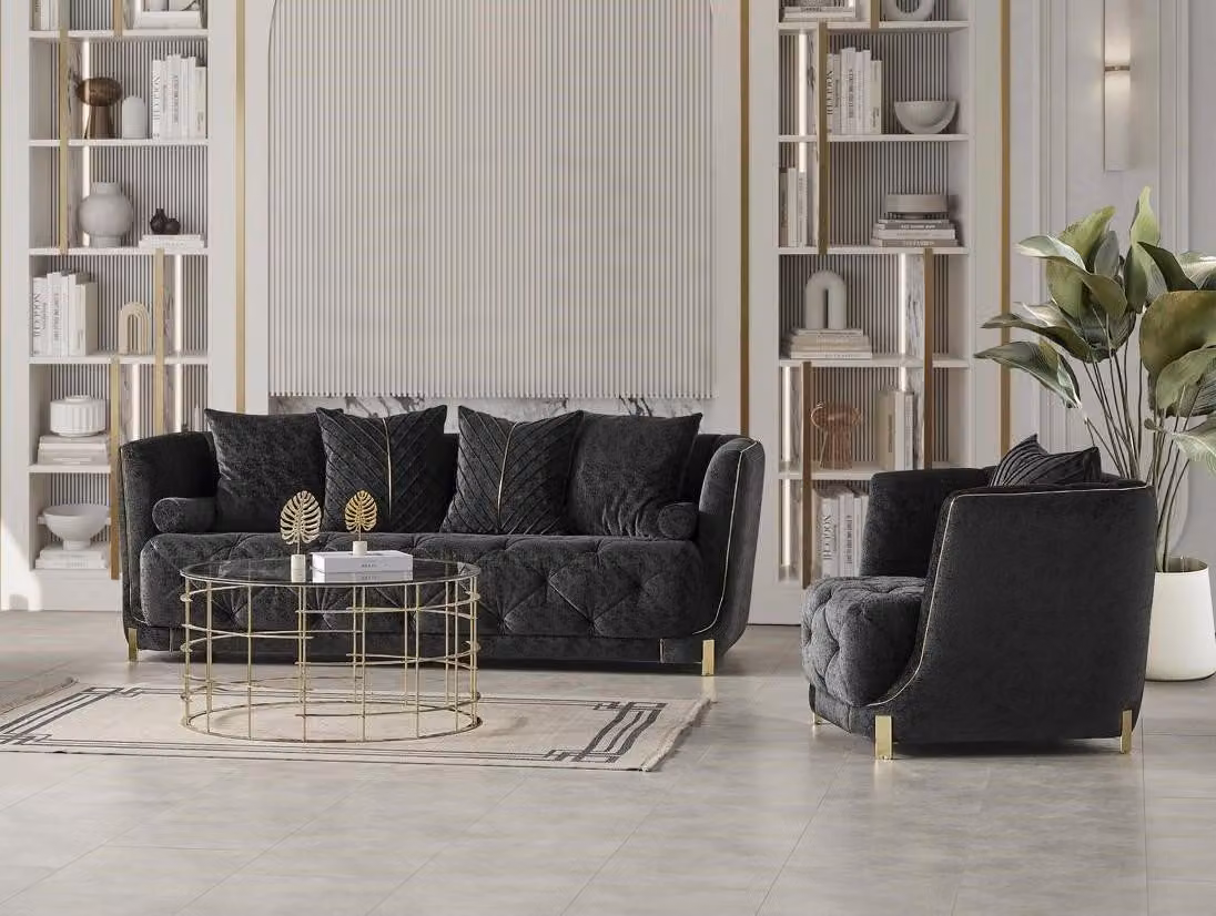Luxus 2tlg Wohnzimmer Set Sofa 3-Sitzer Sessel Modernes Design Couch Schwarz