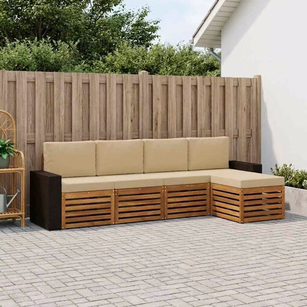 Set di divani da esterno vidaXL a forma di L composto da 5 pezzi in legno di acacia con cuscini beige e marrone