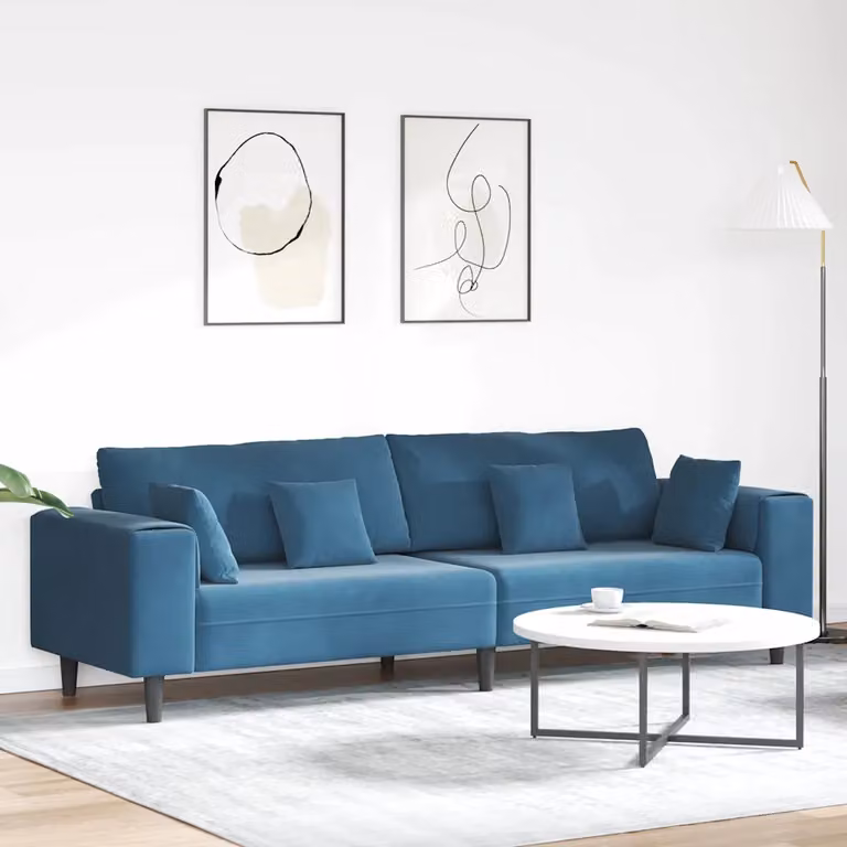 Divano moderno vidaXL in velluto blu con cuscini, L: 250 cm, P: 77 cm, H: 76 cm