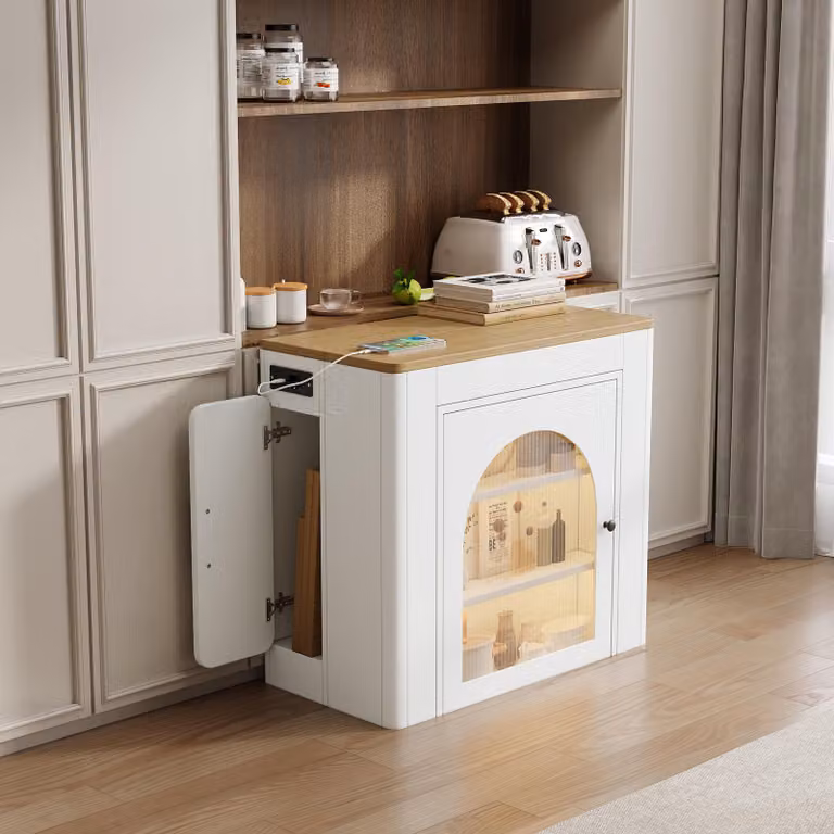 Tavolo da pranzo allungabile Flieks con mobile contenitore, tavolo da cucina con piano estraibile, credenza con led e funzione di ricarica, bianco