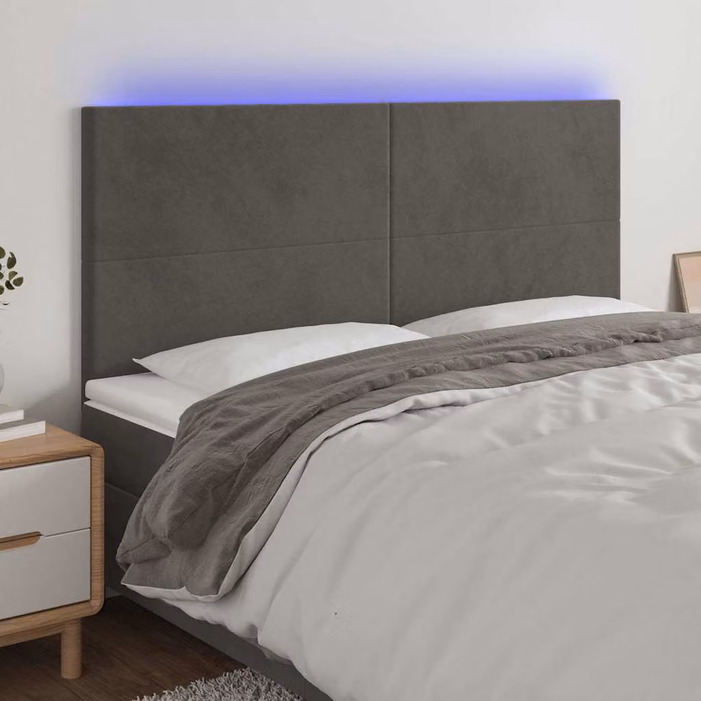 Testiera per letto con illuminazione LED e porta di ricarica USB vidaXL in velluto grigio, L: 200 cm, H: 118/128 cm, P: 5 cm