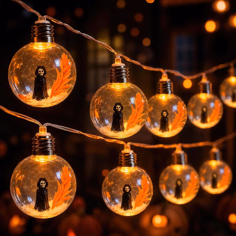 Catena luminosa a tema Halloween, 2 metri, 10 LED, con motivi di zucca, fantasma e strega