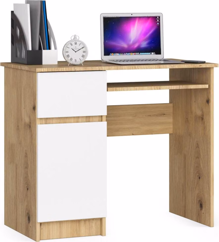Scrivania per PC KALRION - rovere artisan / bianco, versione a sinistra