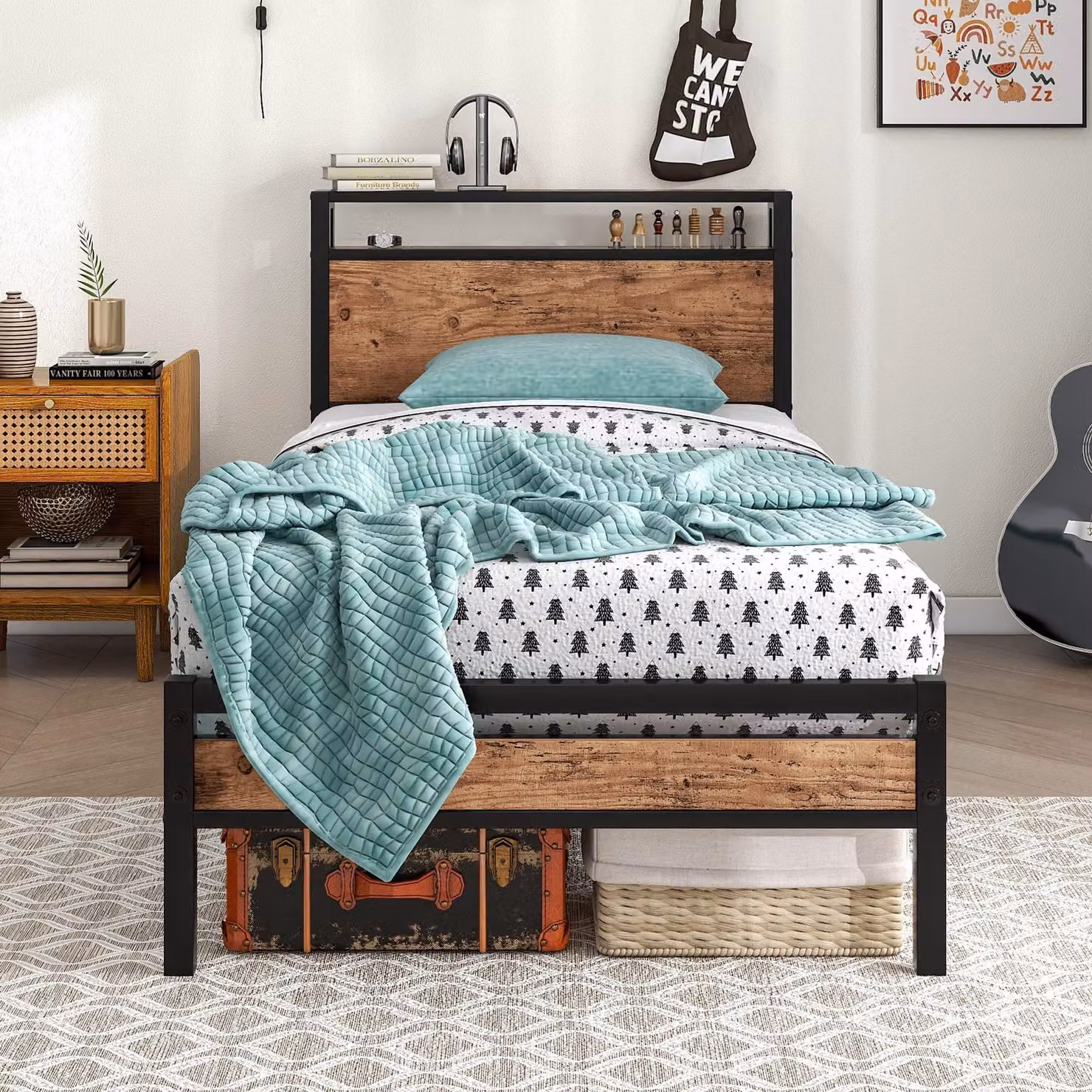 Struttura letto singola in metallo con testiera in legno, dimensioni 90x190 cm, colore marrone, con spazio contenitivo