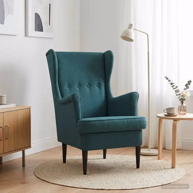 Poltrona Lounge Mid-Century in Tessuto Verde con Braccioli e Struttura in Legno e Metallo