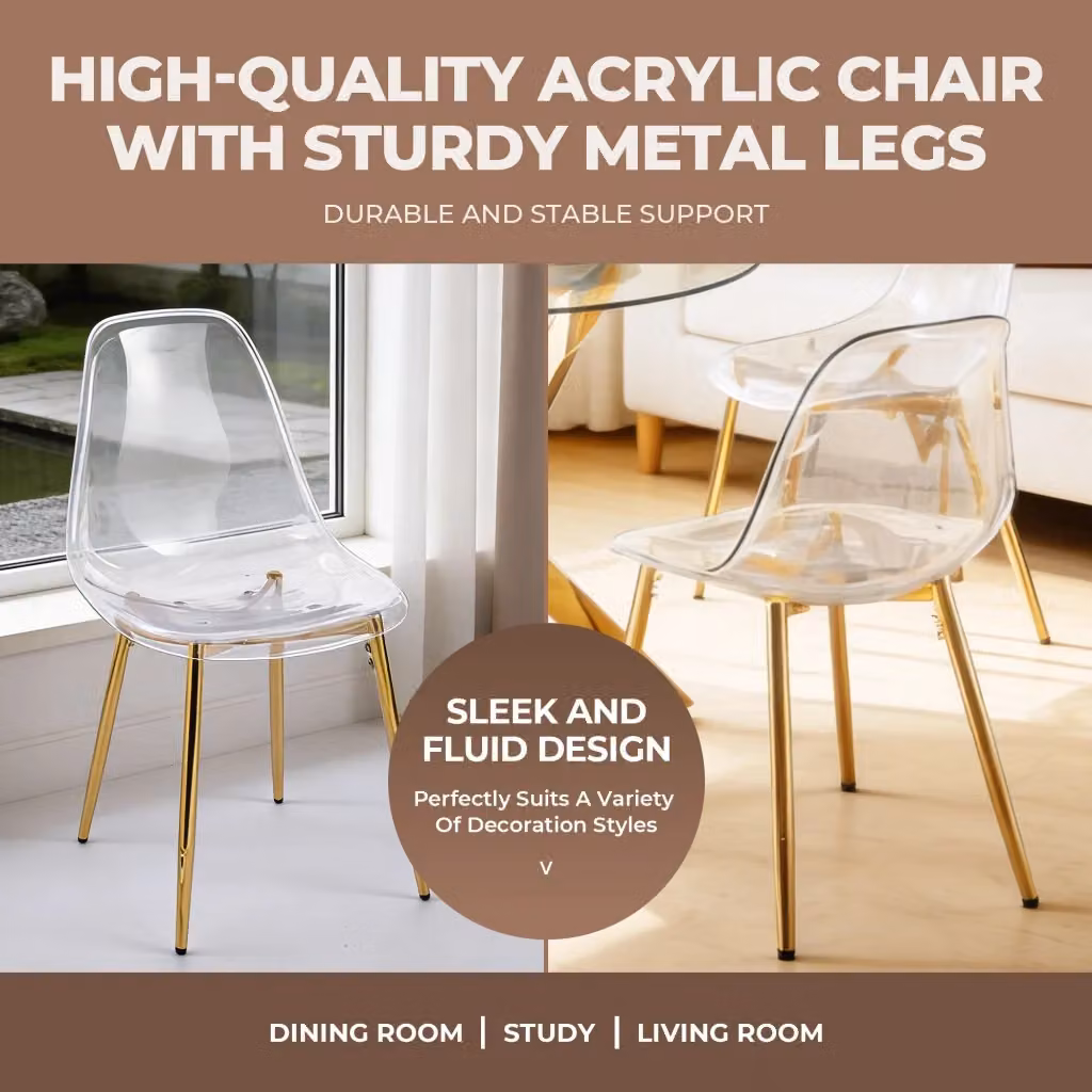 Sedia moderna OKWISH trasparente con gambe in metallo oro per sala da pranzo, cucina o ufficio domestico – 2