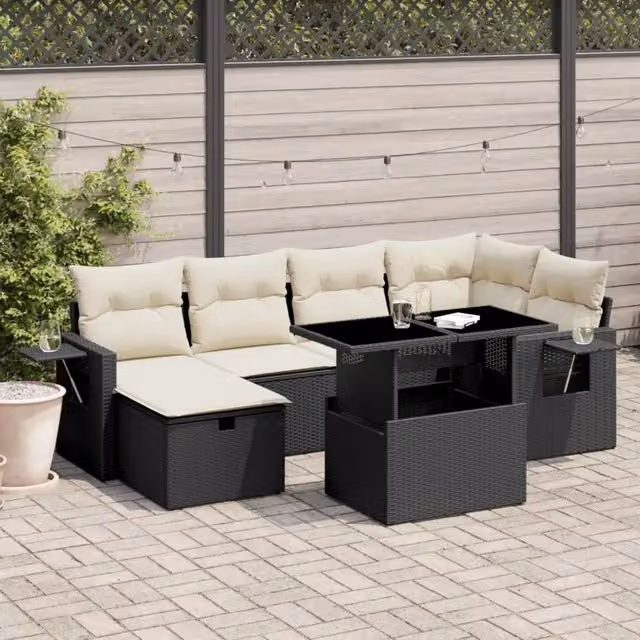 Set da giardino moderno vidaXL composto da 7 pezzi con cuscini bianchi e nero in rattan e metallo a forma di L – 1