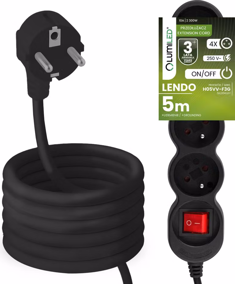 Presa multipla LUMILED con interruttore ON/OFF Presa a 4 vie tipo E, cavo da 5 m H05VV-F3G nero Presa multipla E 10A 2300W 250V IP20 Staffa di fissaggio