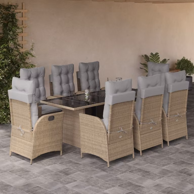 Set Pranzo da Giardino vidaXL in Polyrattan con Cuscini Beige e Grigio, 9 Pezzi