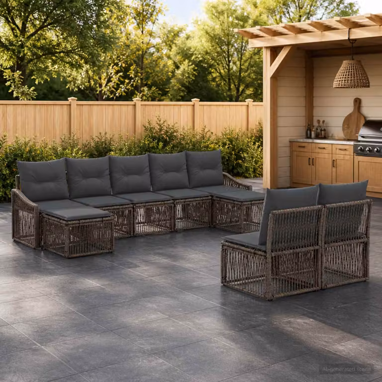 Set Divano da Giardino vidaXL a forma a U in Polyrattan Grigio con 9 Pezzi e Cuscini Inclusi