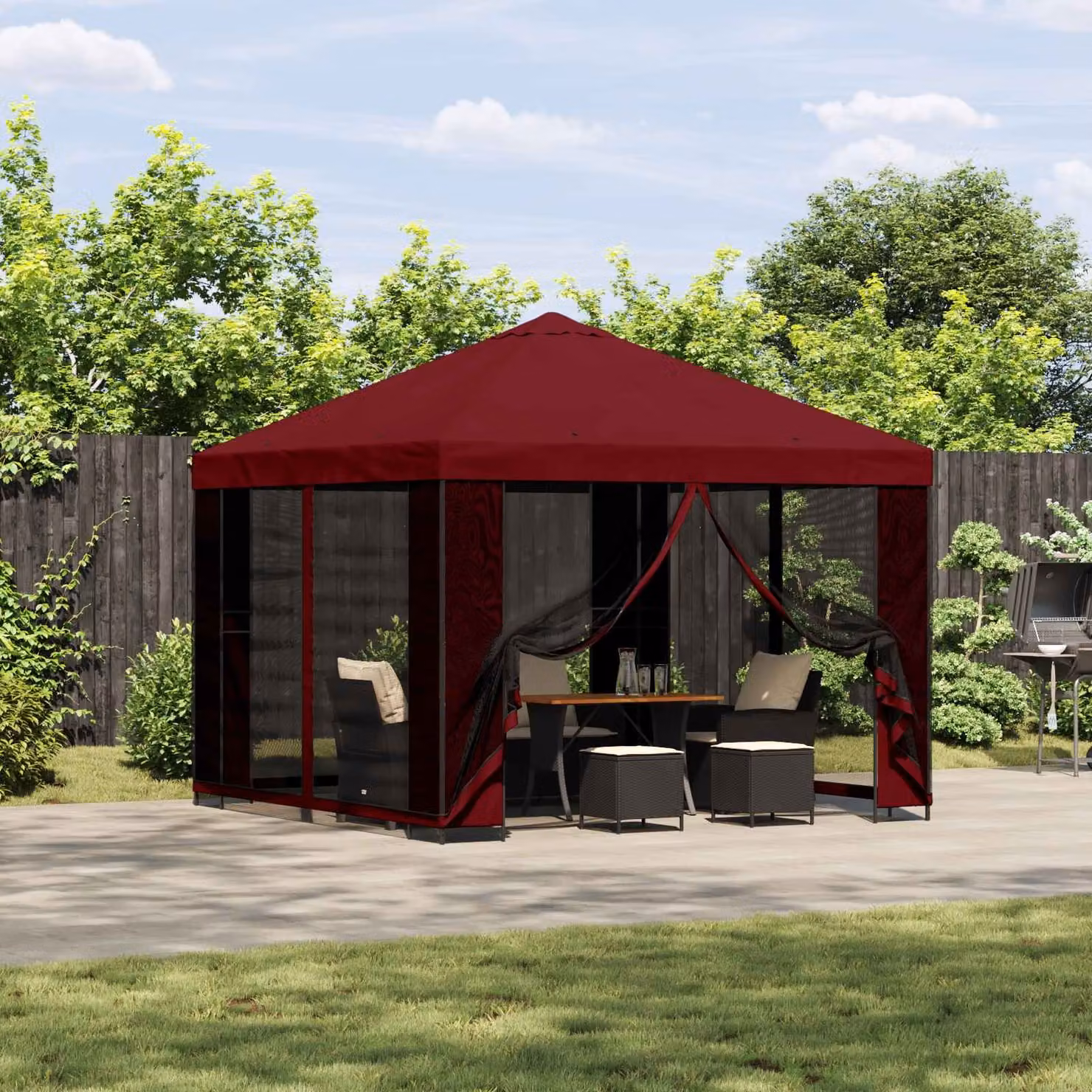 Gazebo da giardino vidaXL con pareti laterali in poliestere e struttura in acciaio galvanizzato, Rosso e Nero, L/P: 300 x 300 cm, H: 276,5 cm
