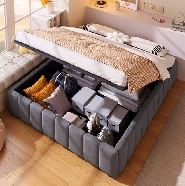 Letto imbottito 140x200 cm con vano contenitore idraulico, senza testiera, grigio