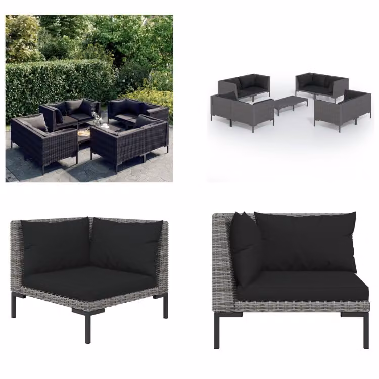 vidaXL 9 pezzi set salotto da giardino con cuscini in rattan grigio scuro - set salotto da giardino - set salotto da giardino - set salotto da esterno - set salotto da patio