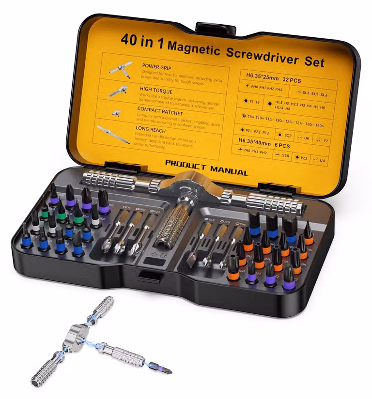 Set di cacciaviti multifunzione 40-in-1, con punta magnetica e manico in alluminio