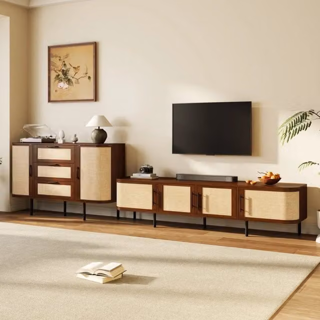 Set mobile soggiorno in MDF color noce con mobile TV e credenza, frontali effetto intrecciato