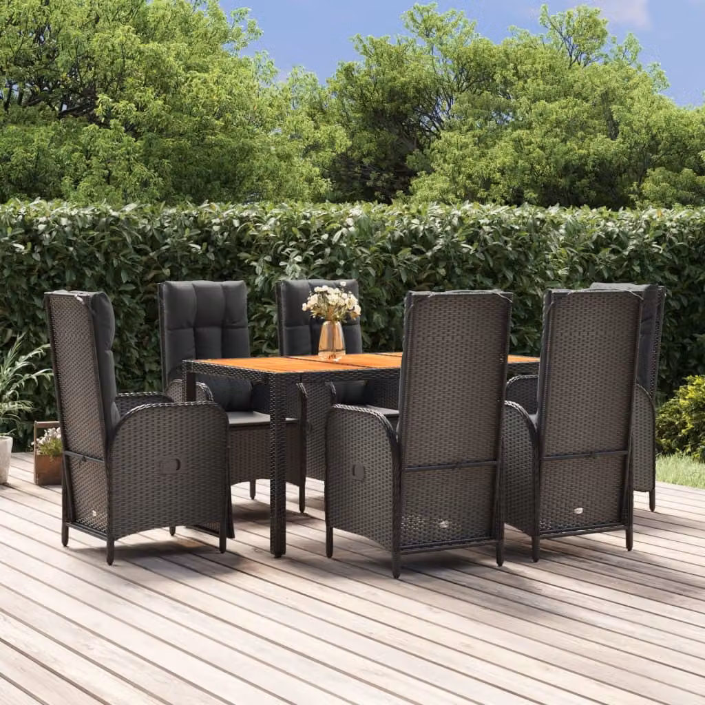 The Living Store Set da pranzo da giardino 7 pezzi con cuscini in polirattan nero