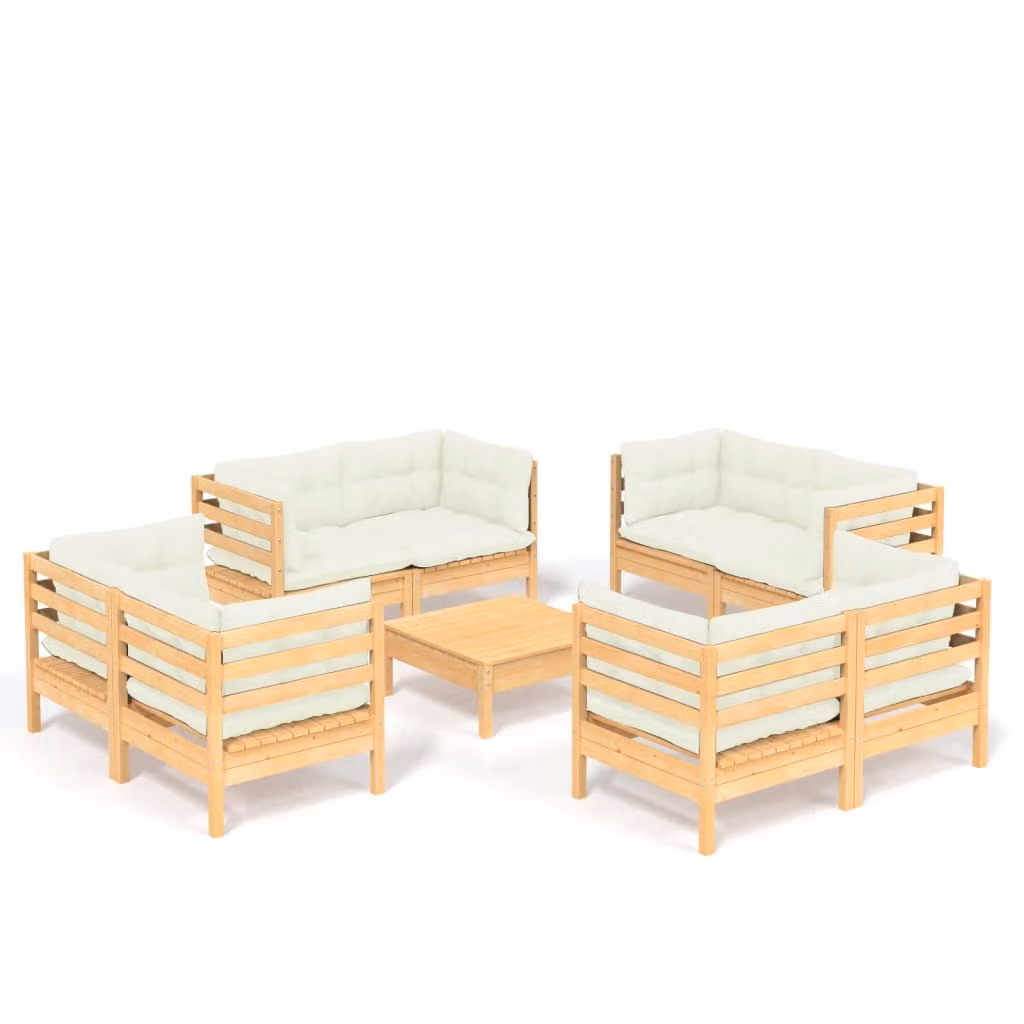 Set Salotto da Giardino 9 pz con Cuscini Crema in Legno di Pino