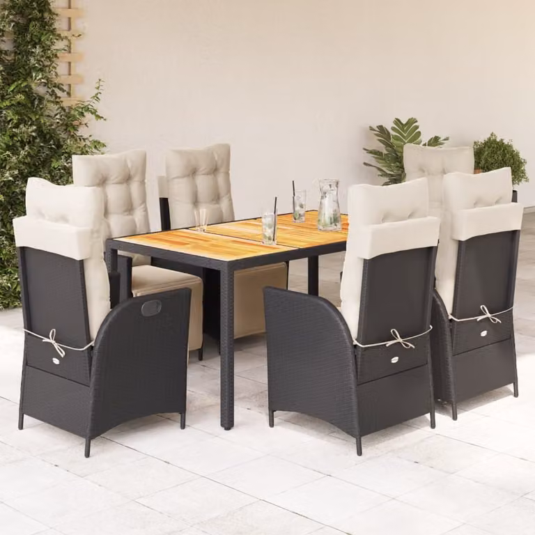 The Living Store Set da pranzo da giardino 7 pezzi con cuscini in polirattan nero