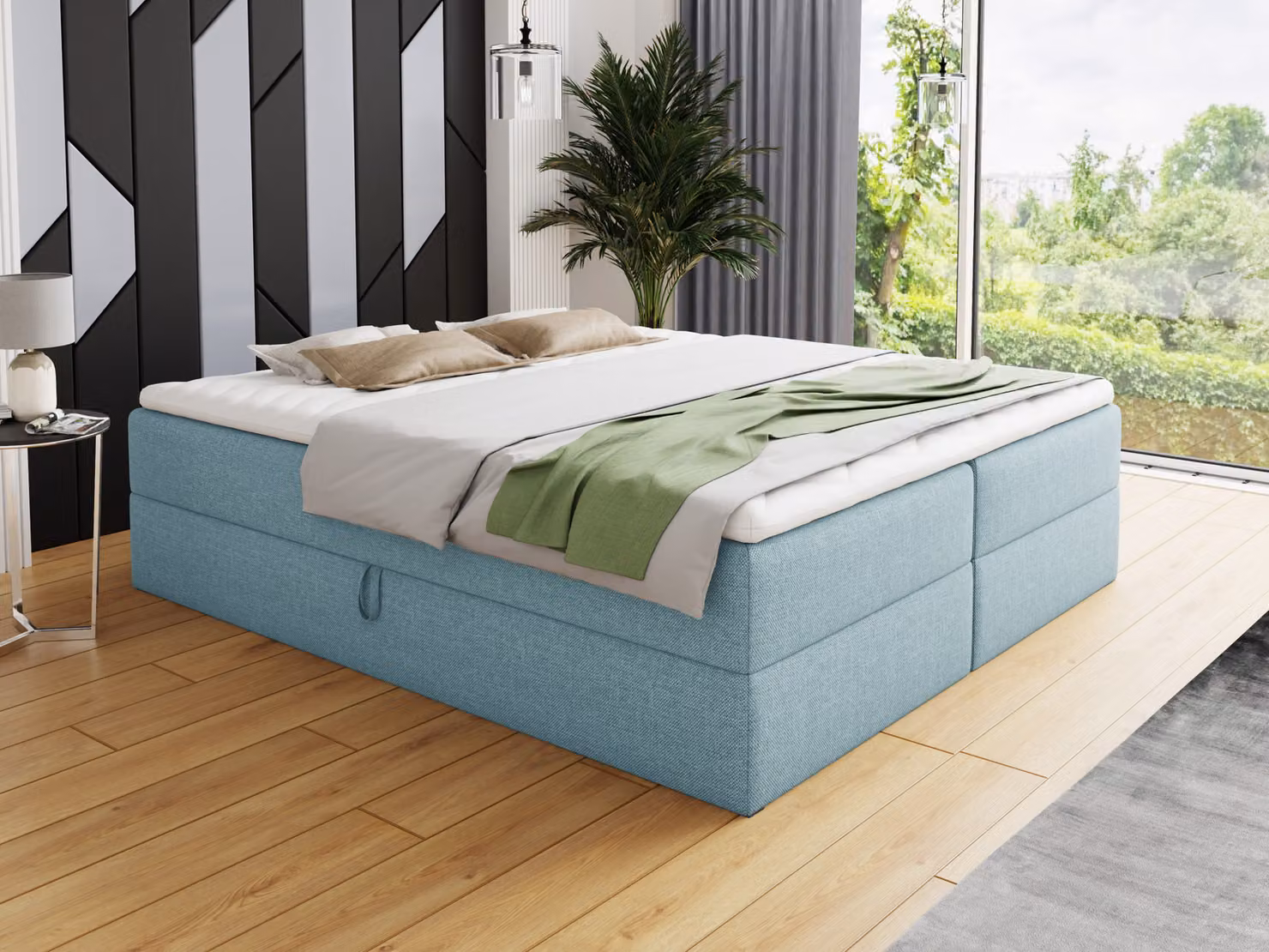 Letto boxspring Base con 2 cassetti - Letto matrimoniale con materasso Bonell e topper, letto imbottito, letto indipendente (blu (Vidar 83), 180 x 200 cm)