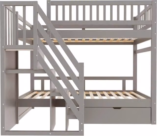 Letto a Castello in Legno Massiccio 90x200 cm con Scala Sicura e Cassetti, Grigio