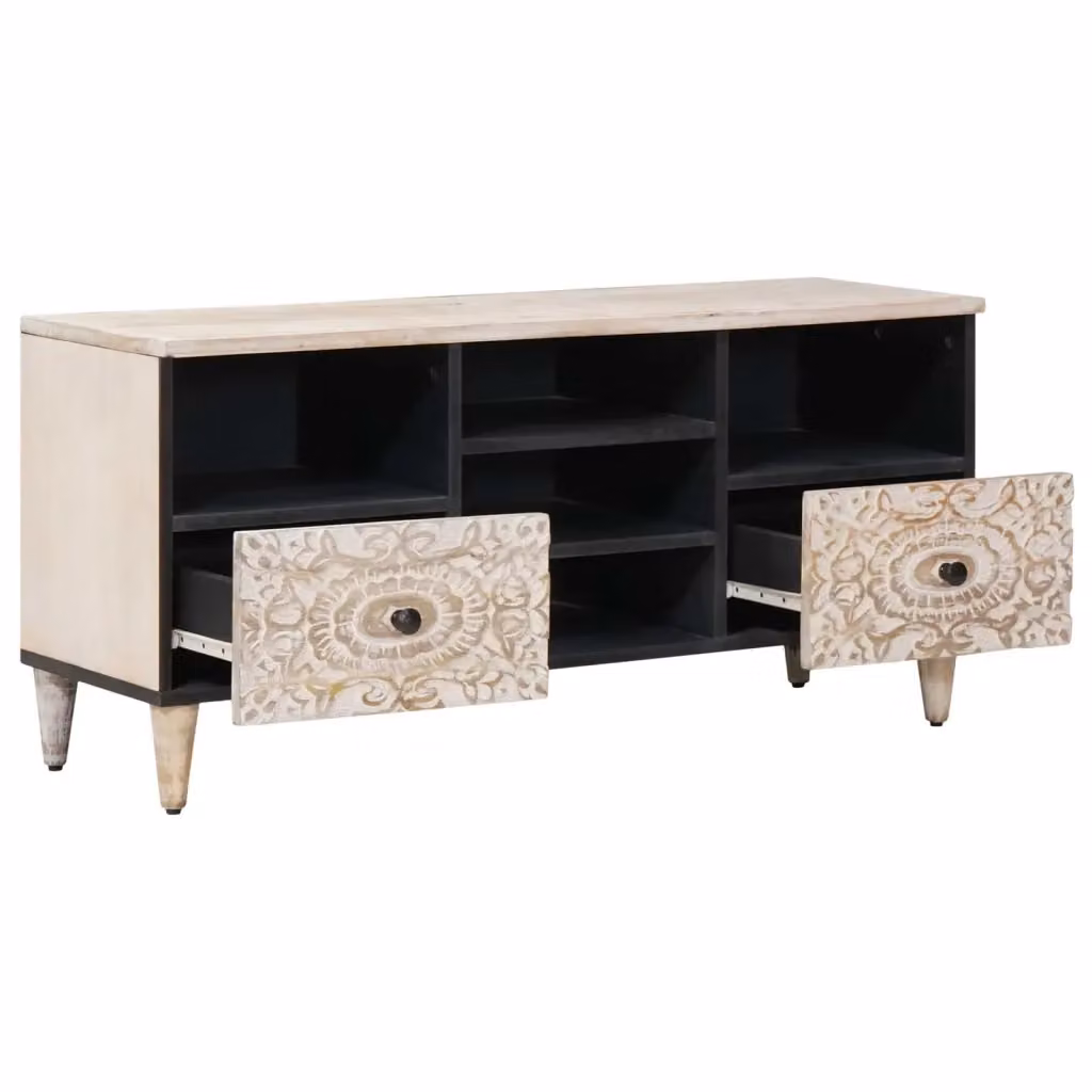 Mobile TV-Credenza moderno in legno di mango massello bianco L 100 x P 33,5 x H 46 cm – 2